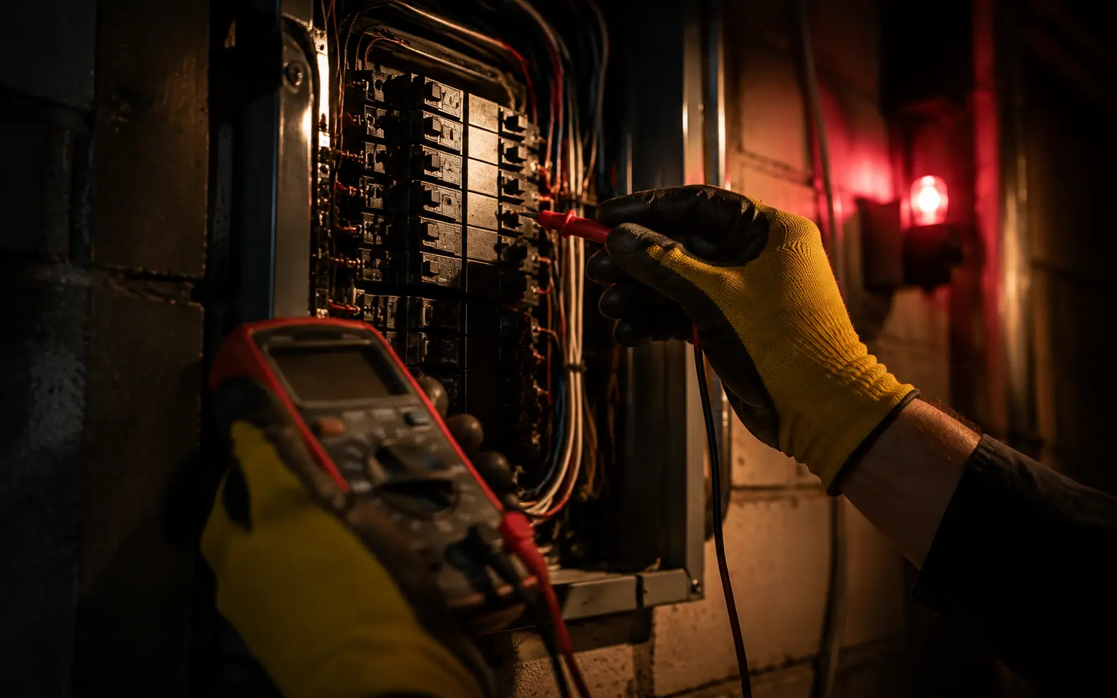 Emergency electrician in Fort Erie working on a faulty electrical panel at night