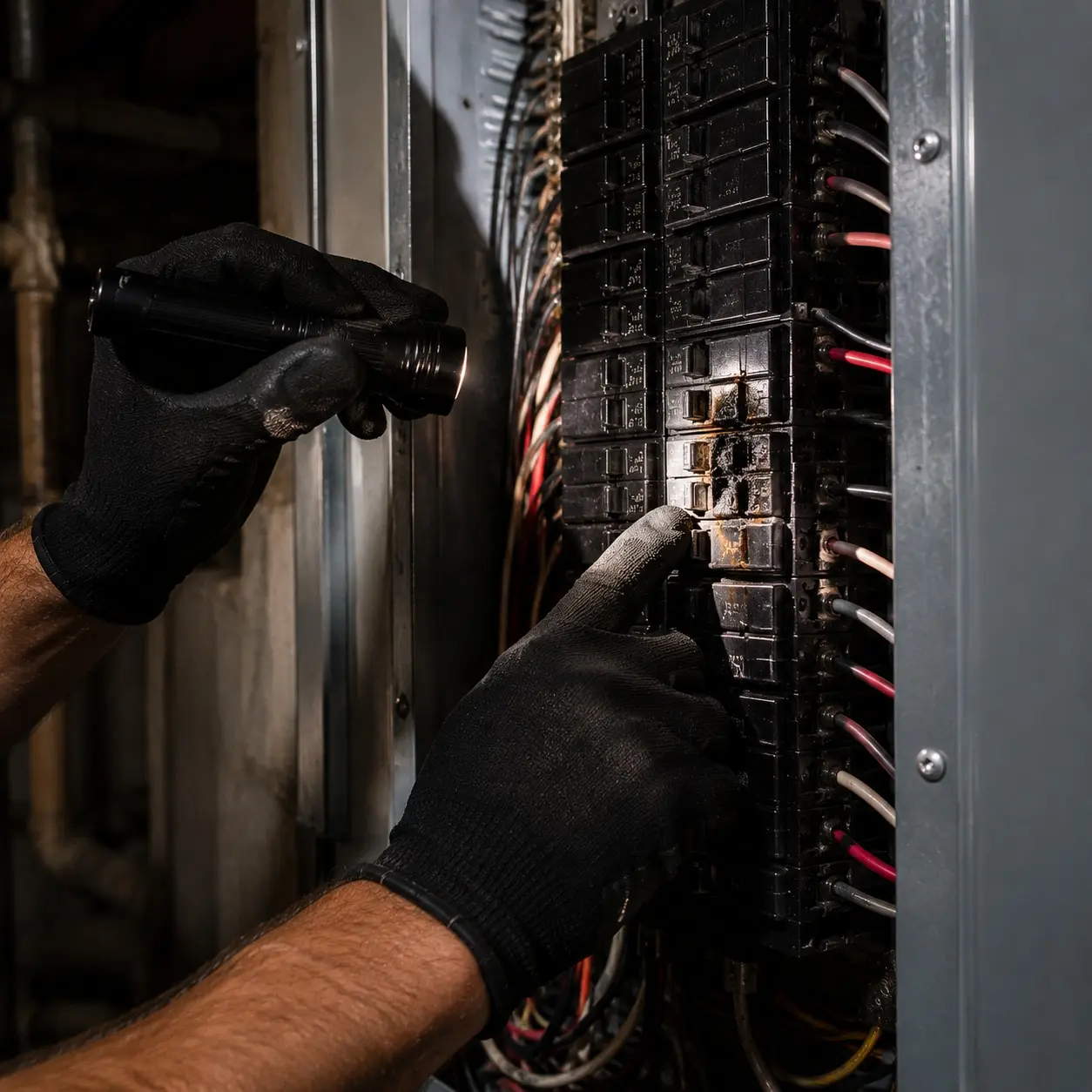 Homeowner switching off a breaker at the electrical panel while waiting for an emergency electrician in Fort Erie